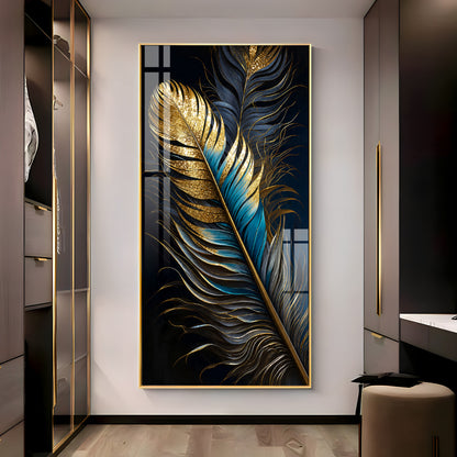 Luxurious Golden & Blue Feathers Premium Acrylic Vertical Wall Art