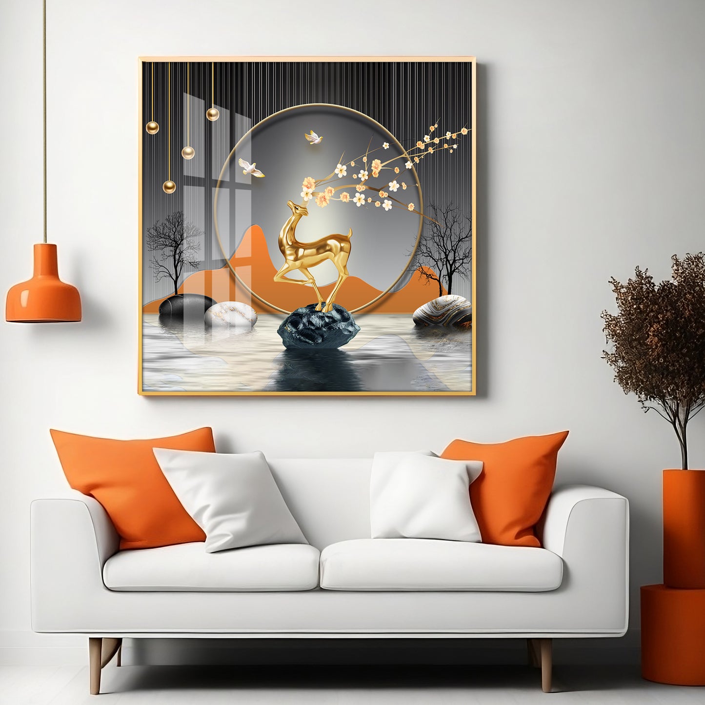 Golden Deer With Elegance Premium Acrylic Square Wall Art