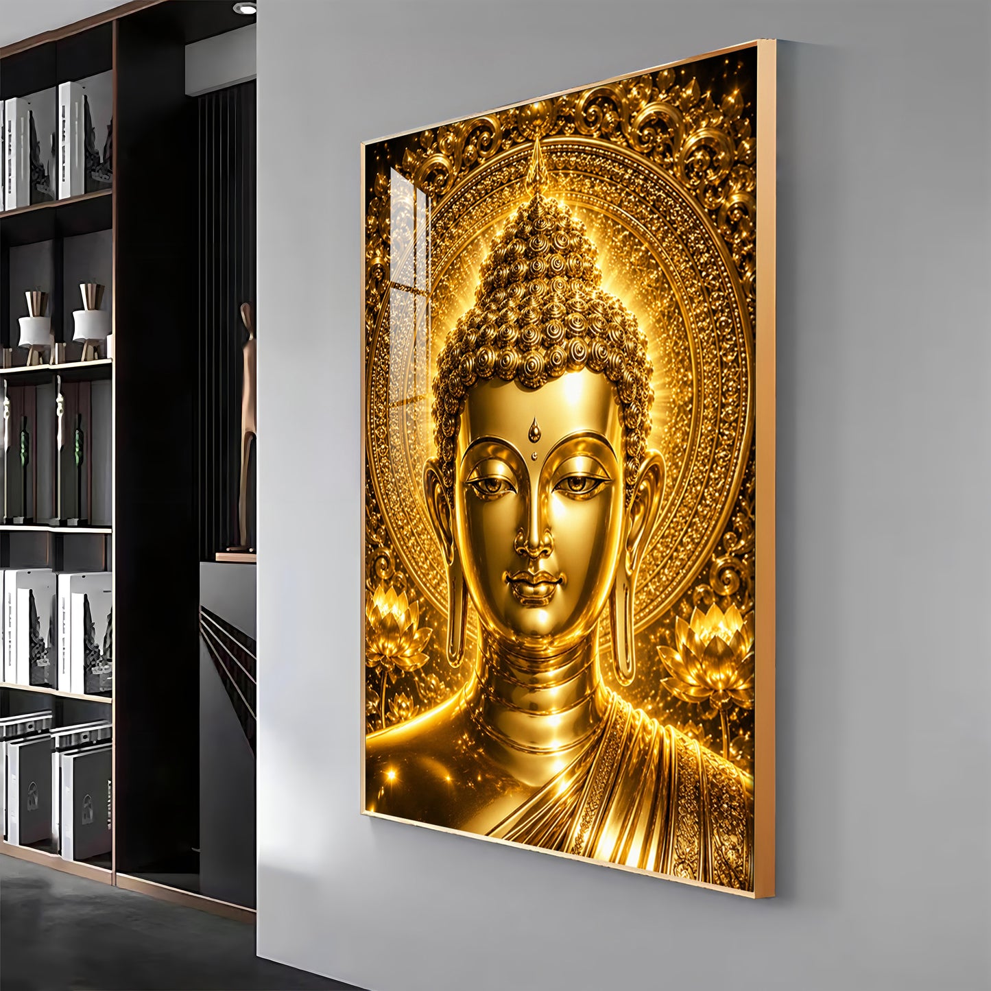 Golden Buddha Face Premium Acrylic Vertical Wall Art