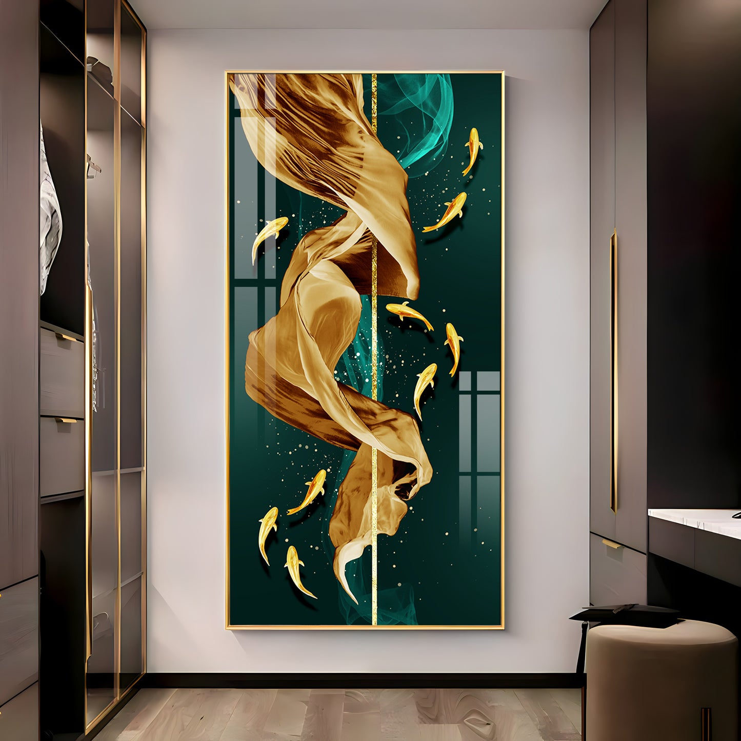 Fish & Flowing Gold Layer Premium Acrylic Vertical Wall Art