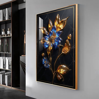 Blue & Gold Flower Premium Acrylic Vertical Wall Art