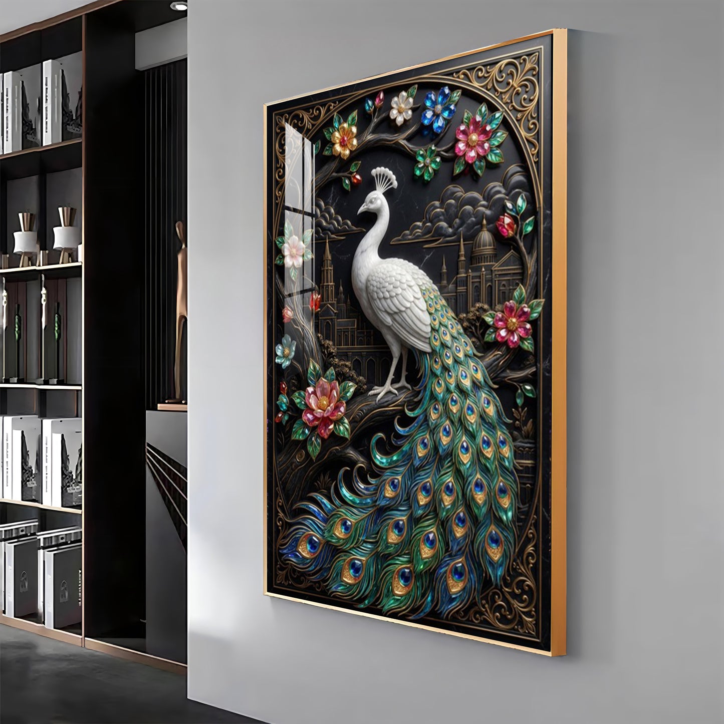 Peacock With Flowers Premium Acrylic Vertical Wall Art