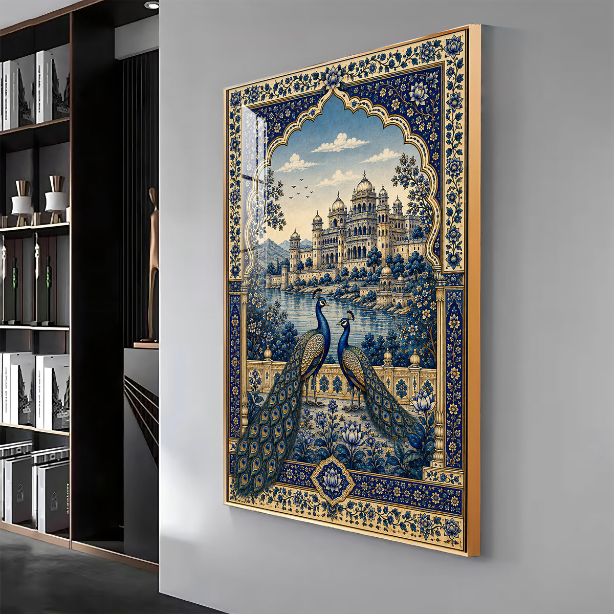 Royal Blue Peacocks & Palace Premium Acrylic Vertical Wall Art