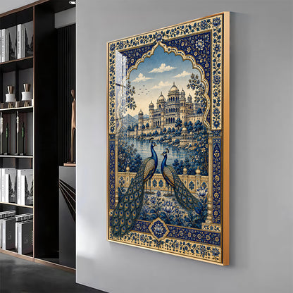 Royal Blue Peacocks & Palace Premium Acrylic Vertical Wall Art