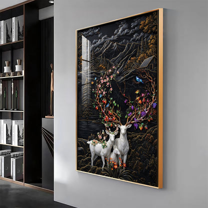 White Deer With Colorful Floral Premium Acrylic Vertical Wall Art