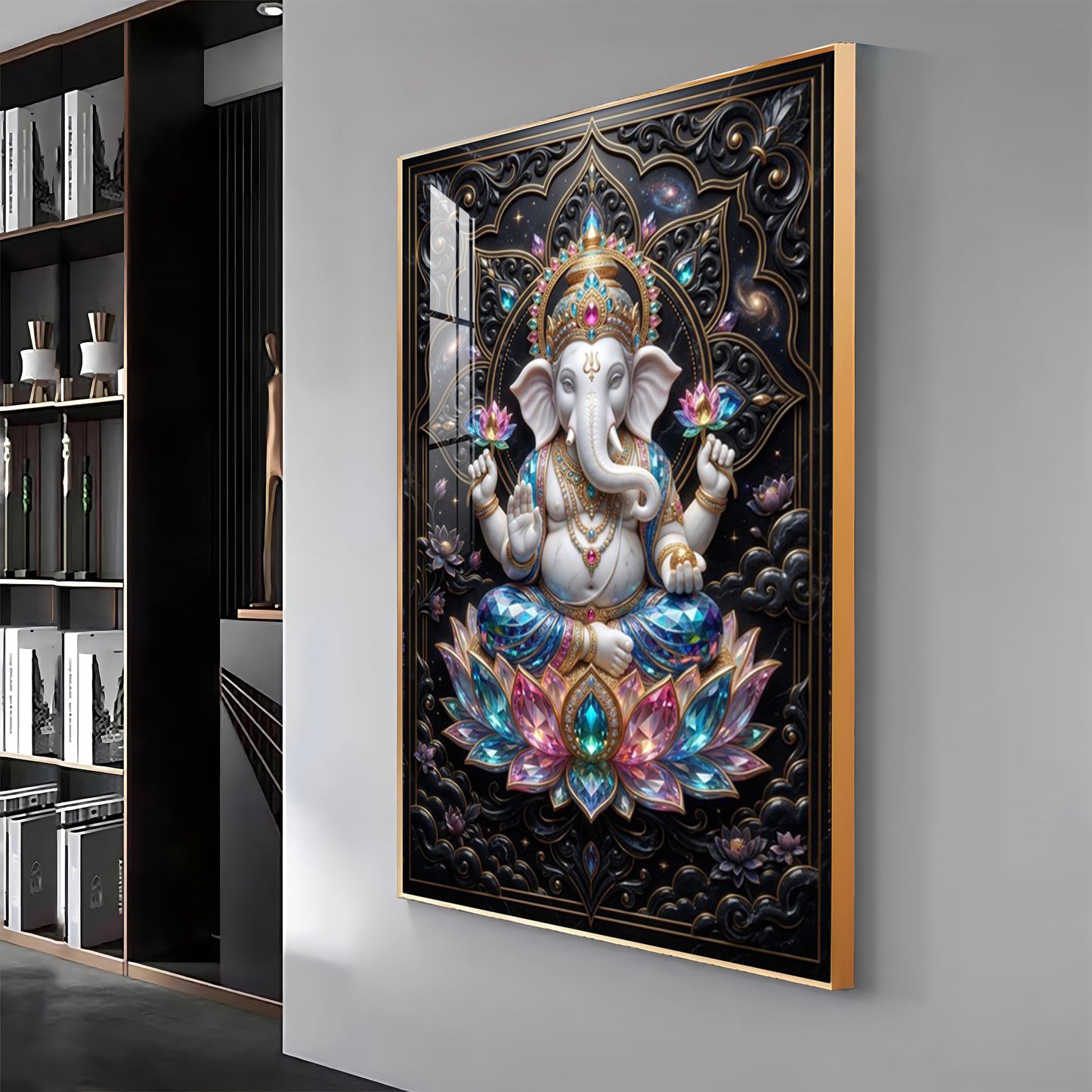Lord Ganesha Seated On A Lotus Throne Premium Acrylic Vertical Wall Art