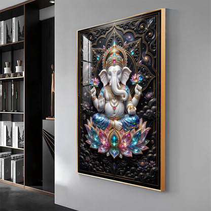 Lord Ganesha Seated On A Lotus Throne Premium Acrylic Vertical Wall Art