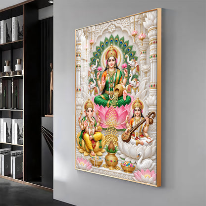 Lakshmi Saraswati Ganesha Peacock Halo Premium Acrylic Vertical Wall Art