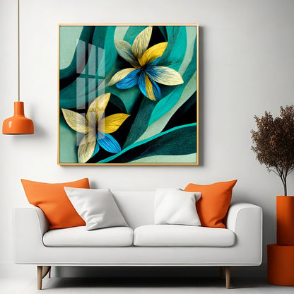 Teal and Yellow Abstract Flower Premium Acrylic Square Wall Art