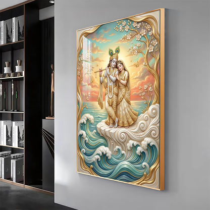 Beautiful Radha Krishna With Flute Premium Acrylic Vertical Wall Art
