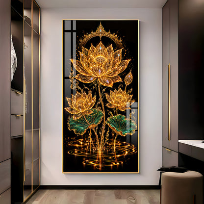 Sacred Golden Lotus Bloom Premium Acrylic Vertical Wall Art