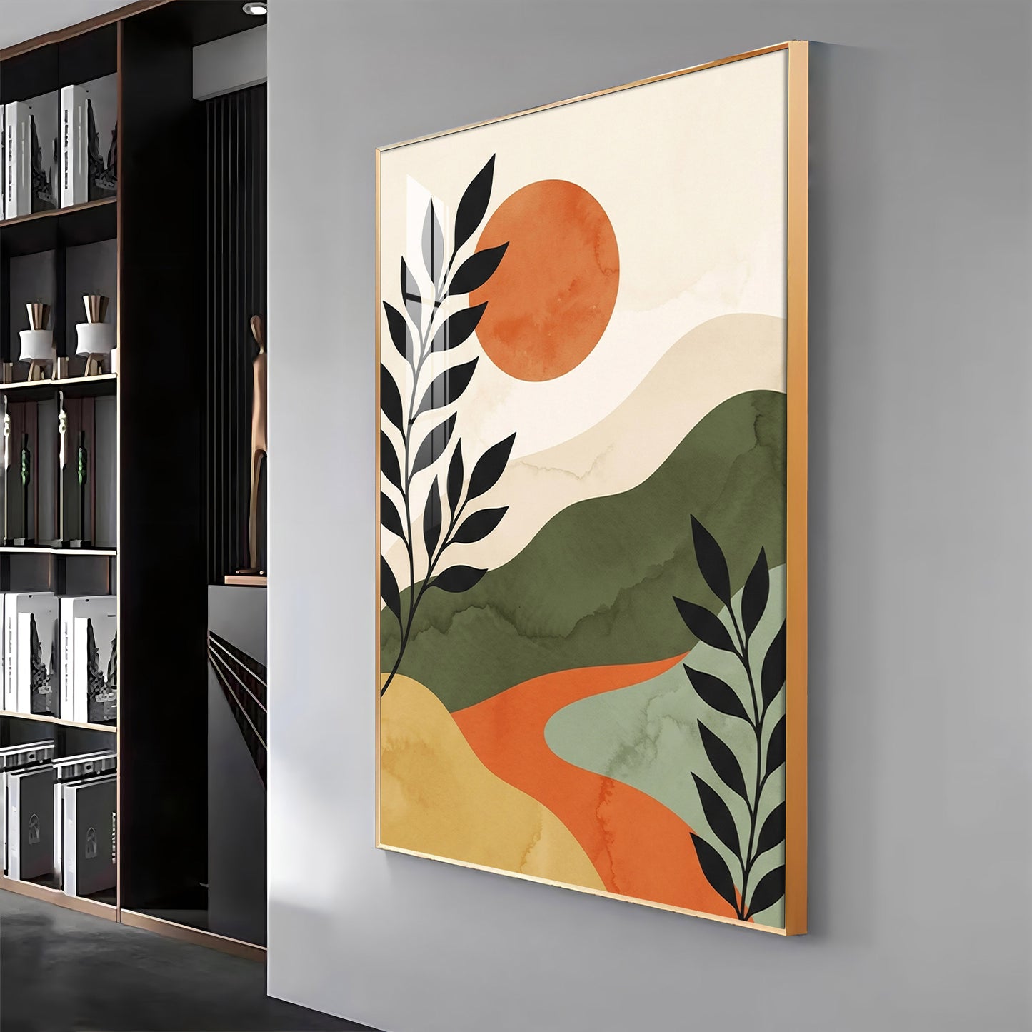 Earth-Toned Mountains & Red Moon Premium Acrylic Vertical Wall Art