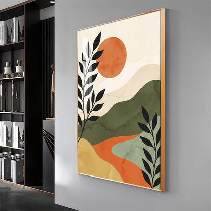 Earth-Toned Mountains & Red Moon Premium Acrylic Vertical Wall Art