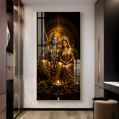 Divine Lord Rama & Sita Golden Premium Acrylic Vertical Wall Art
