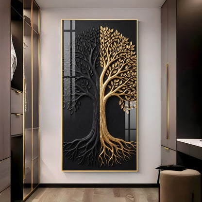 Dual Tone Black and Metallic Gold Tree Premium Acrylic Vertical Wall Art