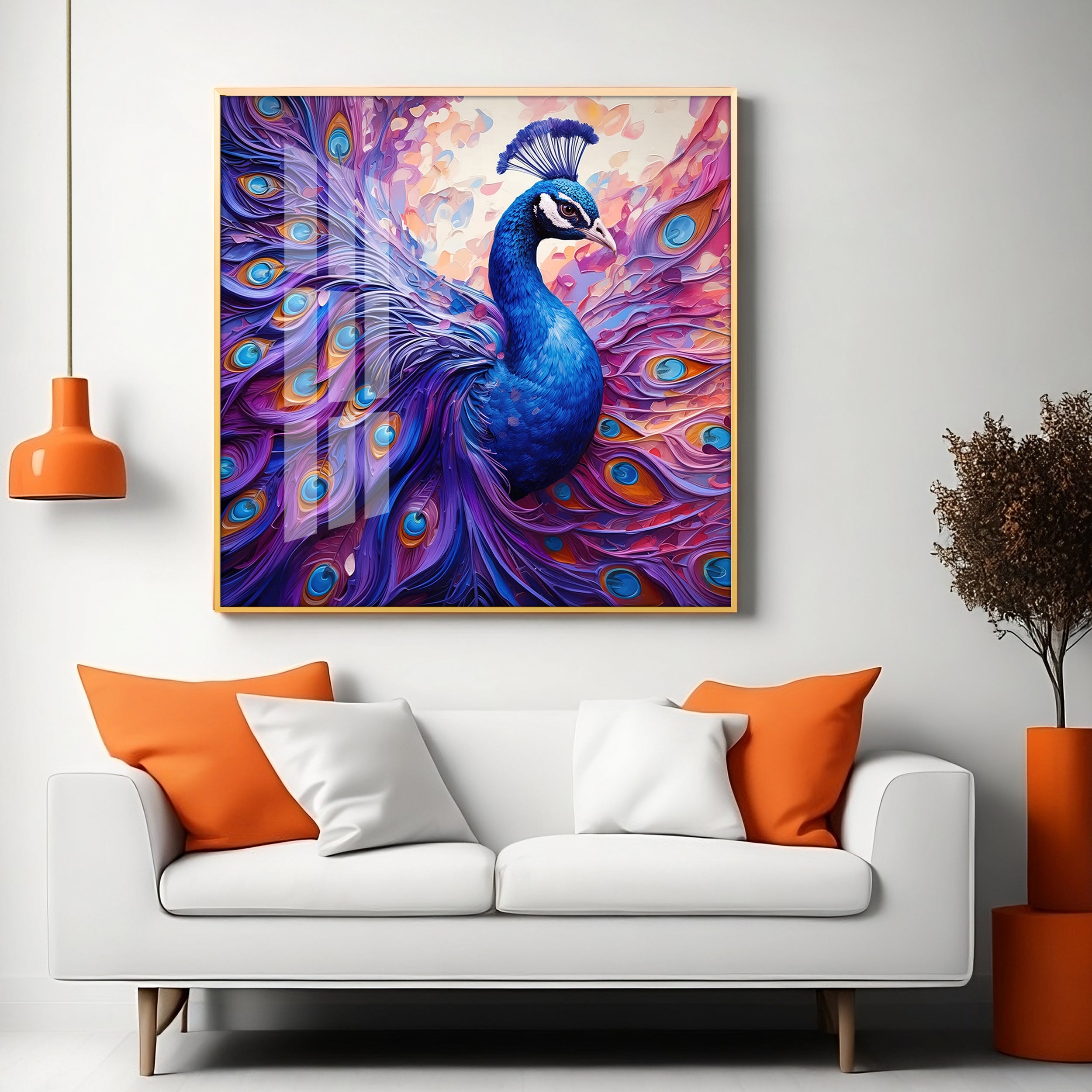 Vibrant Peacock With Feathers Premium Acrylic Square Wall Art