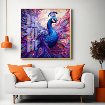 Vibrant Peacock With Feathers Premium Acrylic Square Wall Art