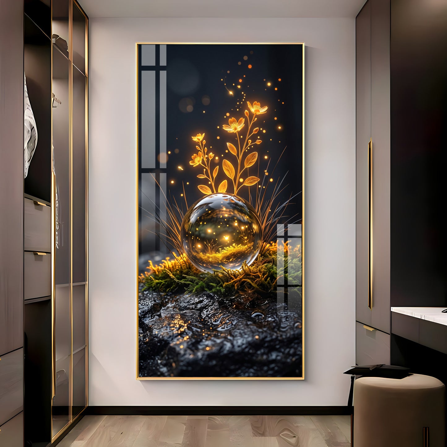 Glowing Crystal Orb & Golden Flowers Premium Acrylic Vertical Wall Art