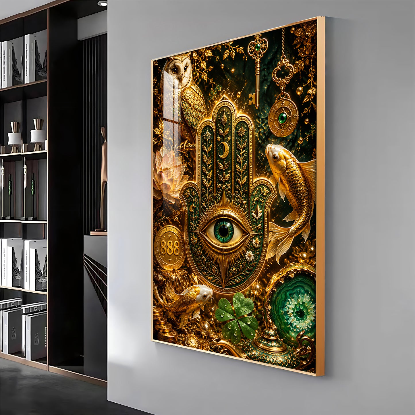 Golden Hamsa Hand Premium Acrylic Vertical Wall Art