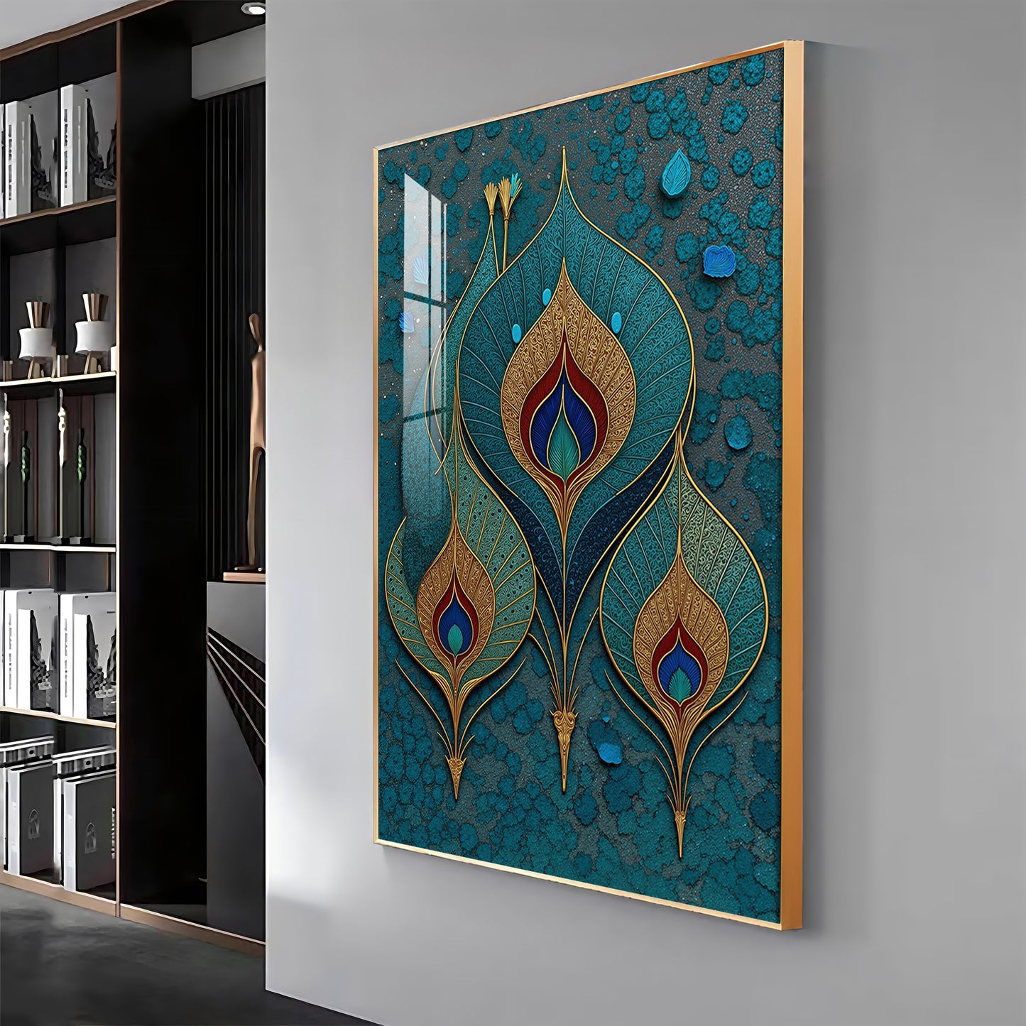 Three Ornate Peacock Feather Premium Acrylic Vertical Wall Art