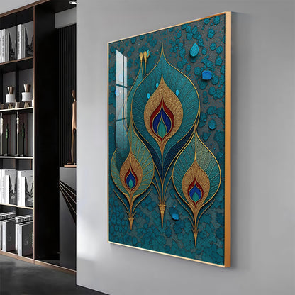 Three Ornate Peacock Feather Premium Acrylic Vertical Wall Art