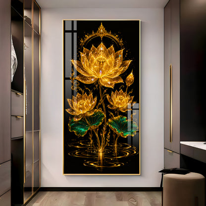 Sacred Golden Lotus Bloom Premium Acrylic Vertical Wall Art