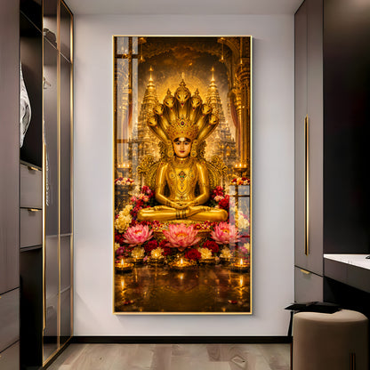 Divine Lord Parshvanath Golden Idol Lotus Premium Acrylic Vertical Wall Art