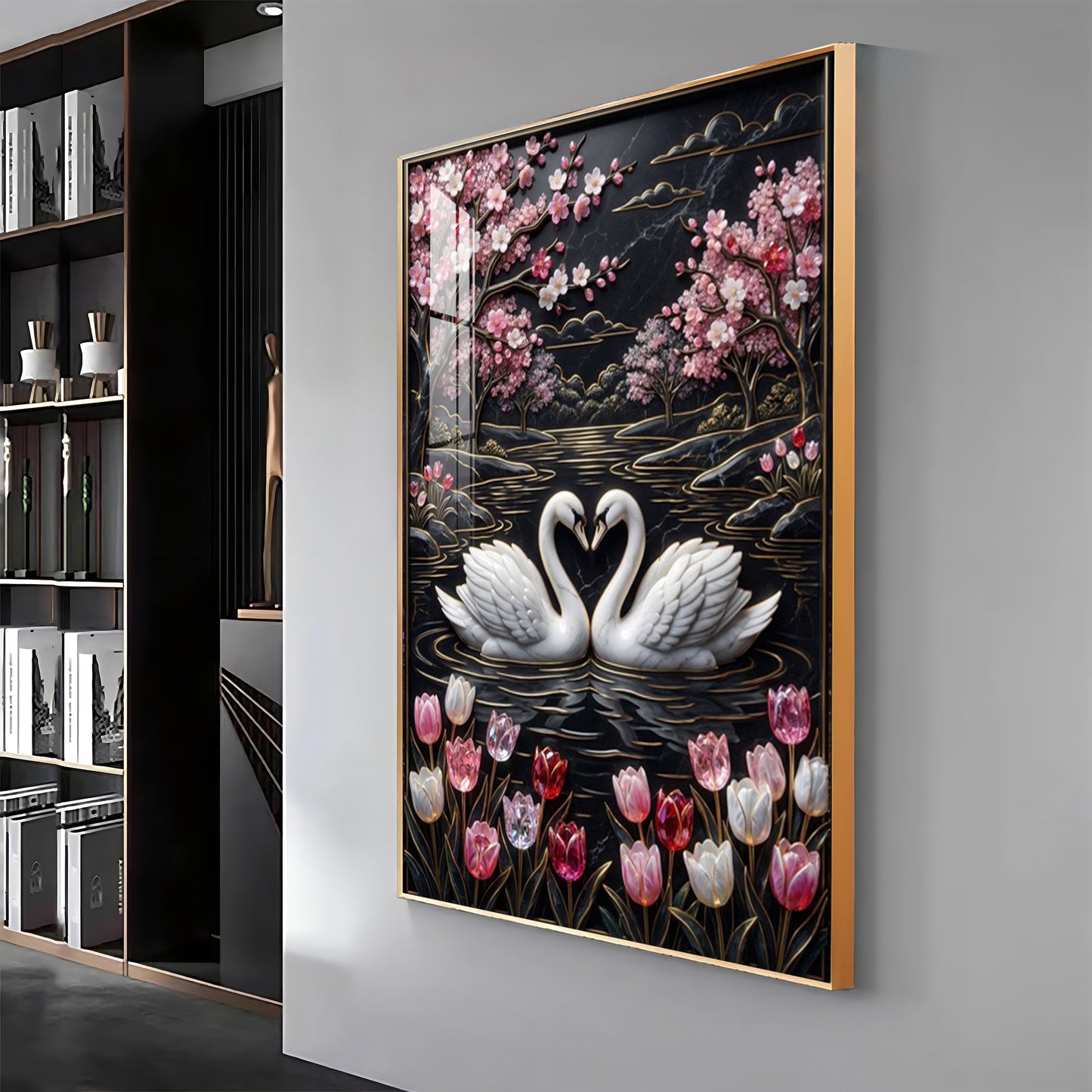Swan Pair On A Pond Premium Acrylic Vertical Wall Art