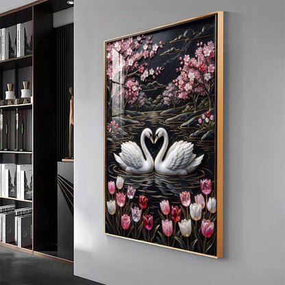 Swan Pair On A Pond Premium Acrylic Vertical Wall Art