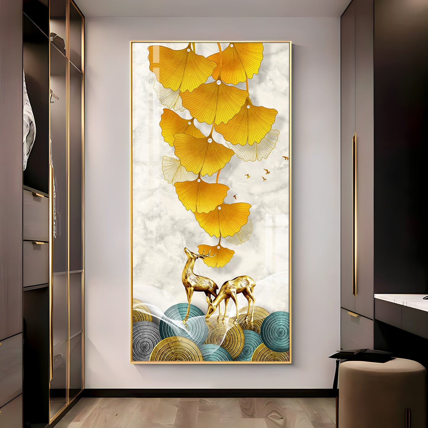 Elk Leaves With Deer Premium Acrylic Vertical Wall Art