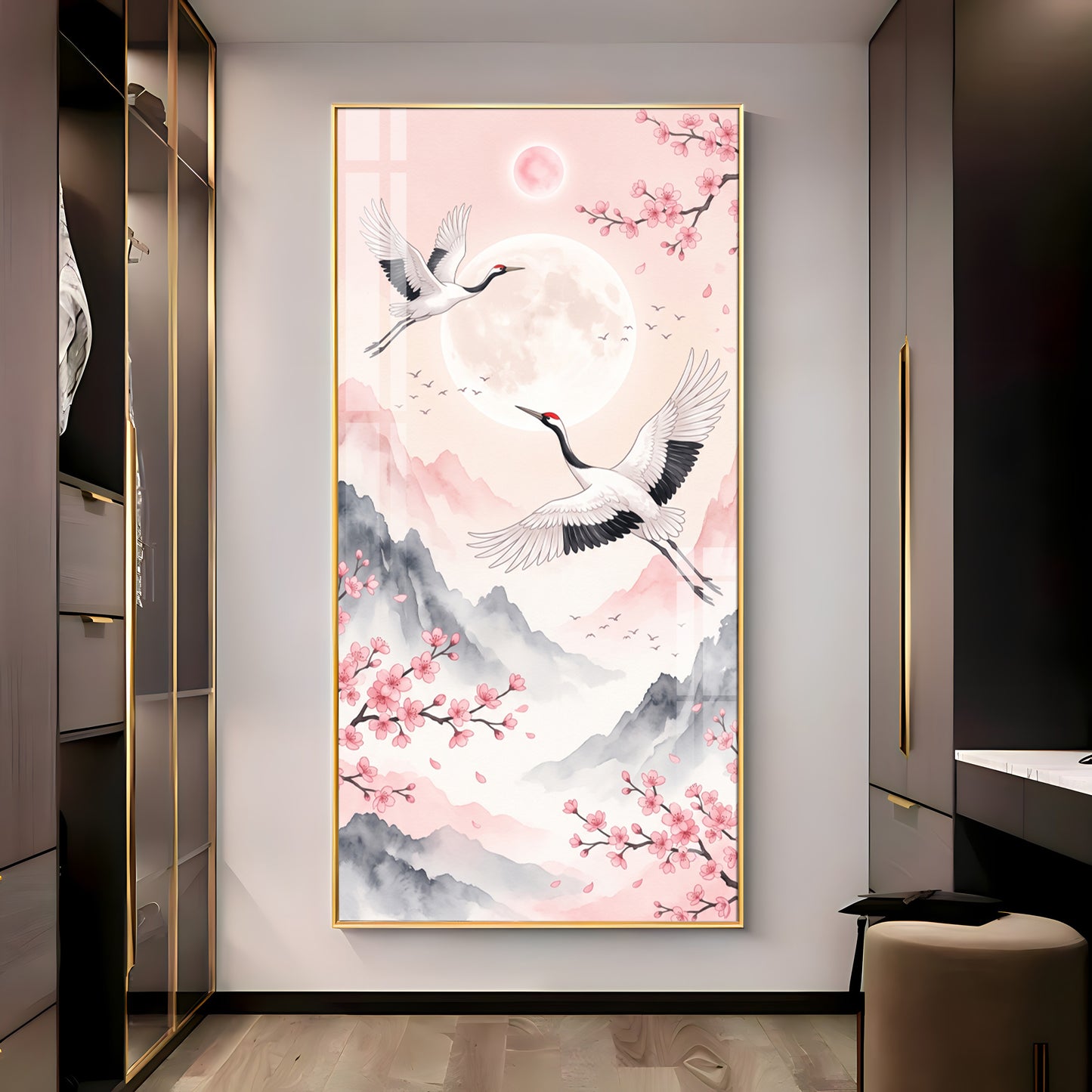 Flying Crane Birds & Cherry Blossom Premium Acrylic Vertical Wall Art