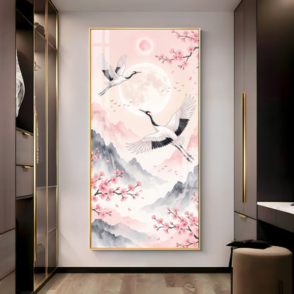 Flying Crane Birds & Cherry Blossom Premium Acrylic Vertical Wall Art