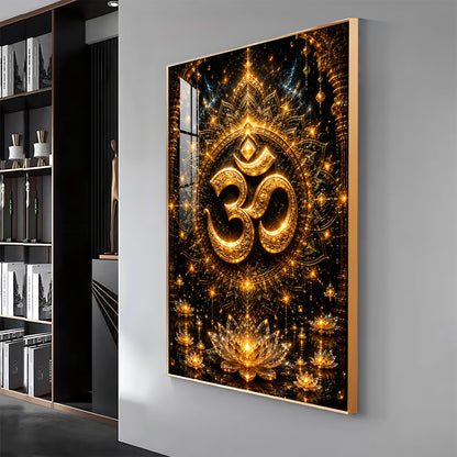 Golden Om Symbol Premium Acrylic Vertical Wall Art