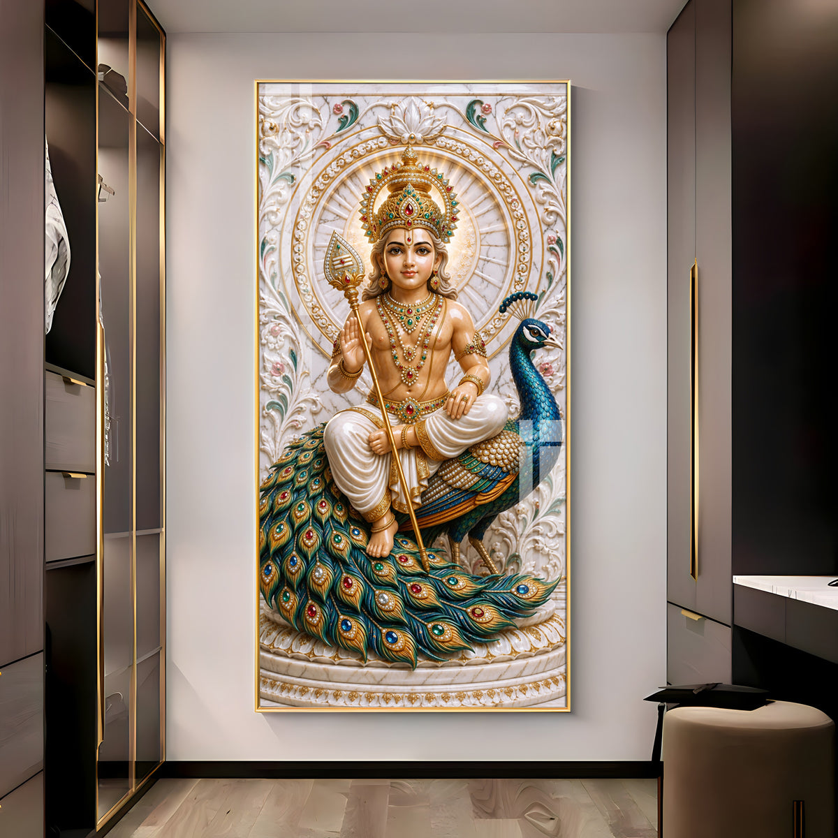 Holy Murugan With Peacock Premium Acrylic Vertical Wall Art