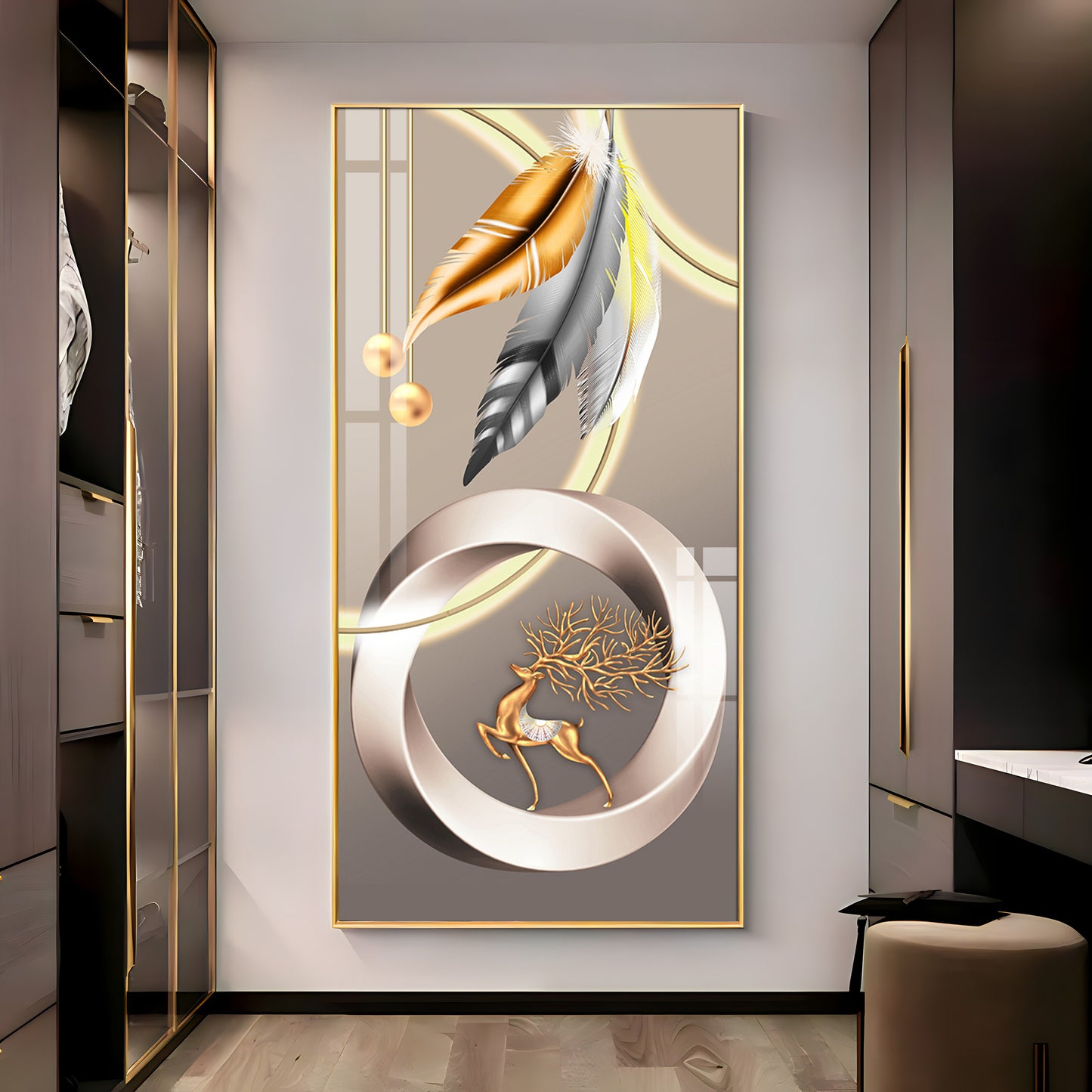 Deer With Gold & Silver Feather Premium Acrylic Vertical Wall Art