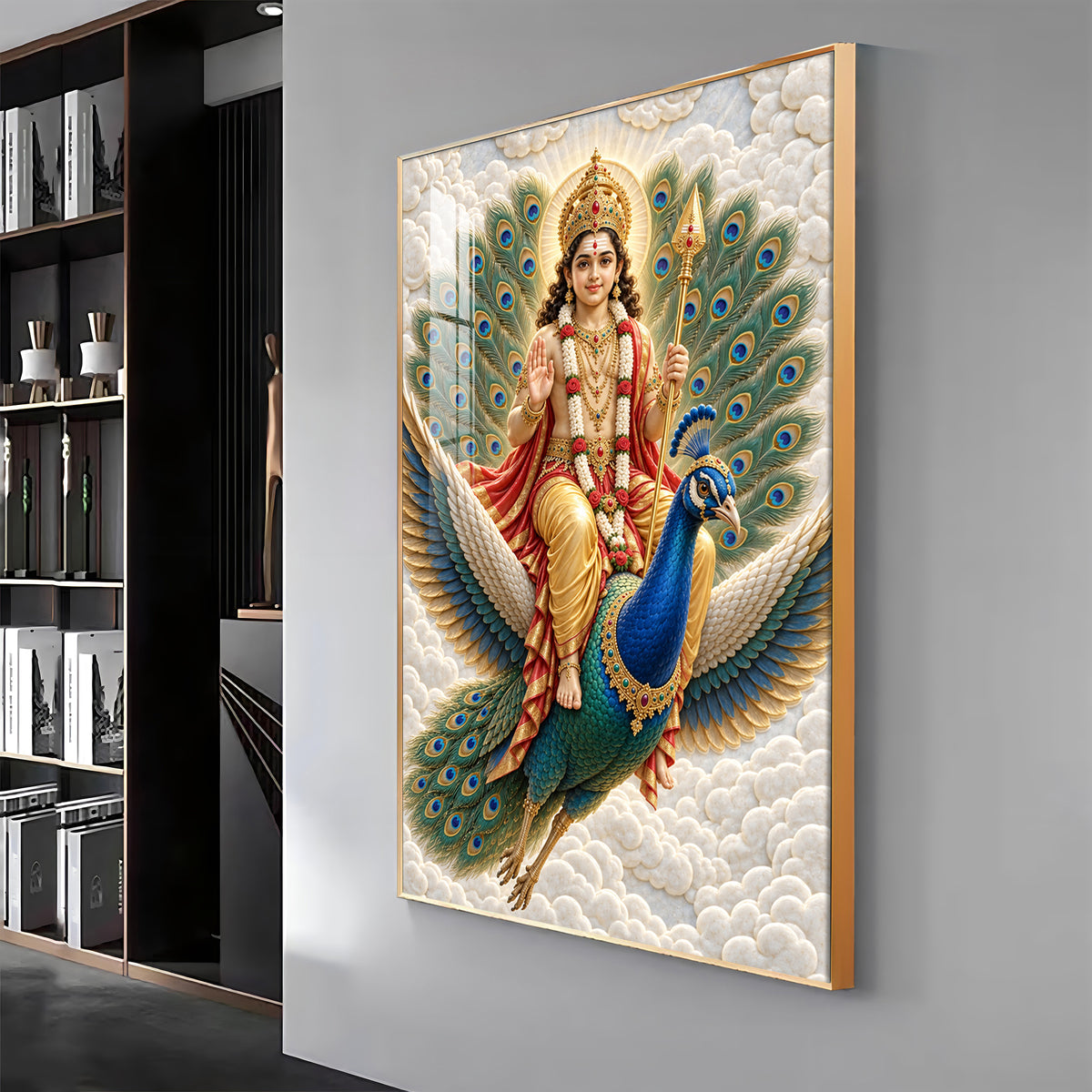 Lord Murugan With Peacock & Vel Premium Acrylic Vertical Wall Art