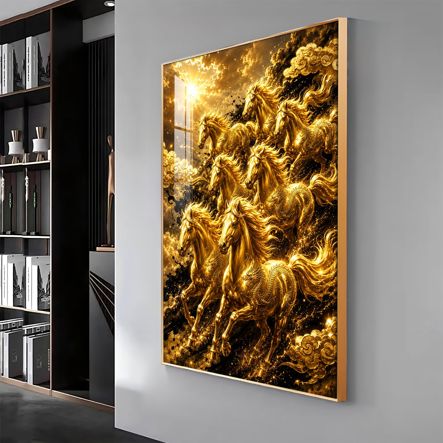 Golden Seven Horses Premium Acrylic Vertical Wall Art