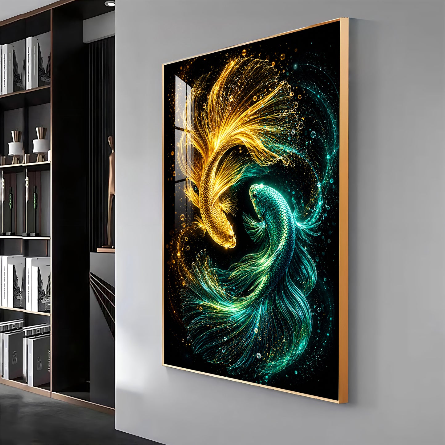 Luminous Gold Fish Premium Acrylic Vertical Wall Art