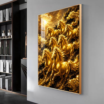 Golden Seven Horses Premium Acrylic Vertical Wall Art