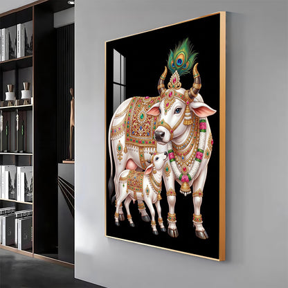 Kamdhenu Cow With Calf Premium Acrylic Vertical Wall Art