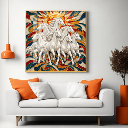 Seven Galloping White Horses Premium Acrylic Square Wall Art
