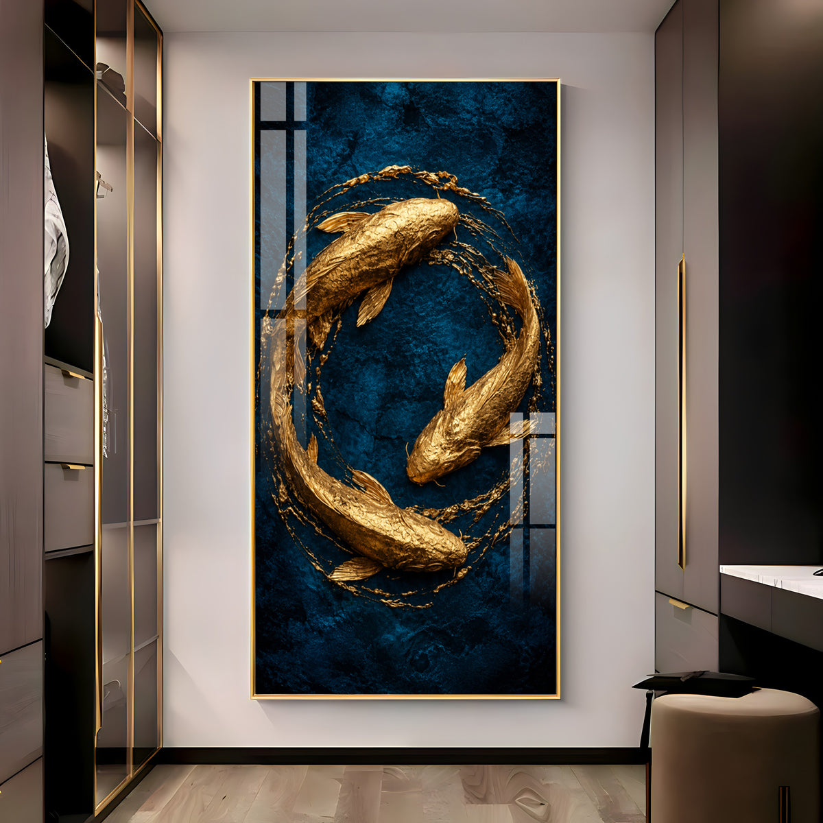 Majestic Golden Koi Circle Background Premium Acrylic Vertical Wall Art