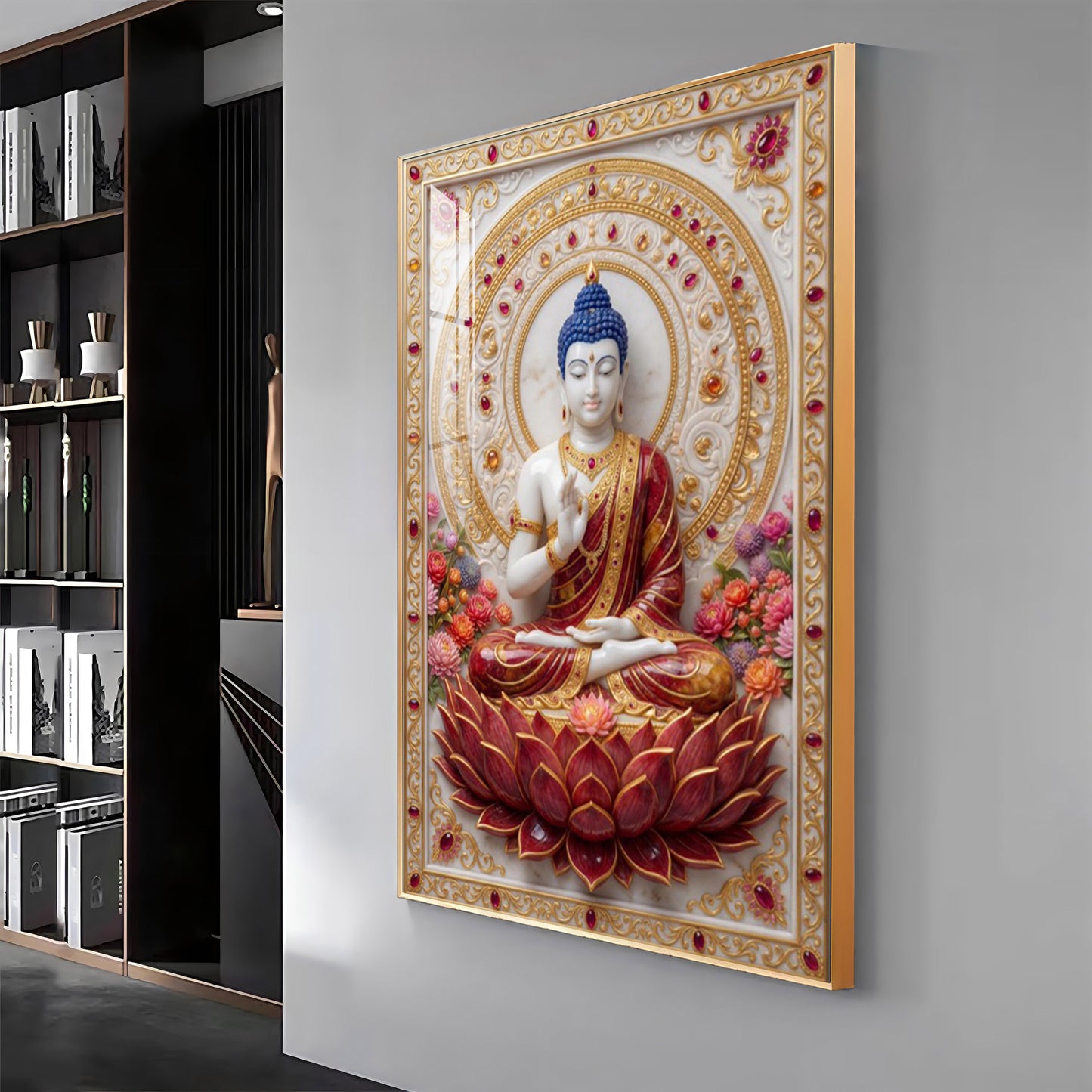 Divine Serenity Buddha On Red Lotus Premium Acrylic Vertical Wall Art