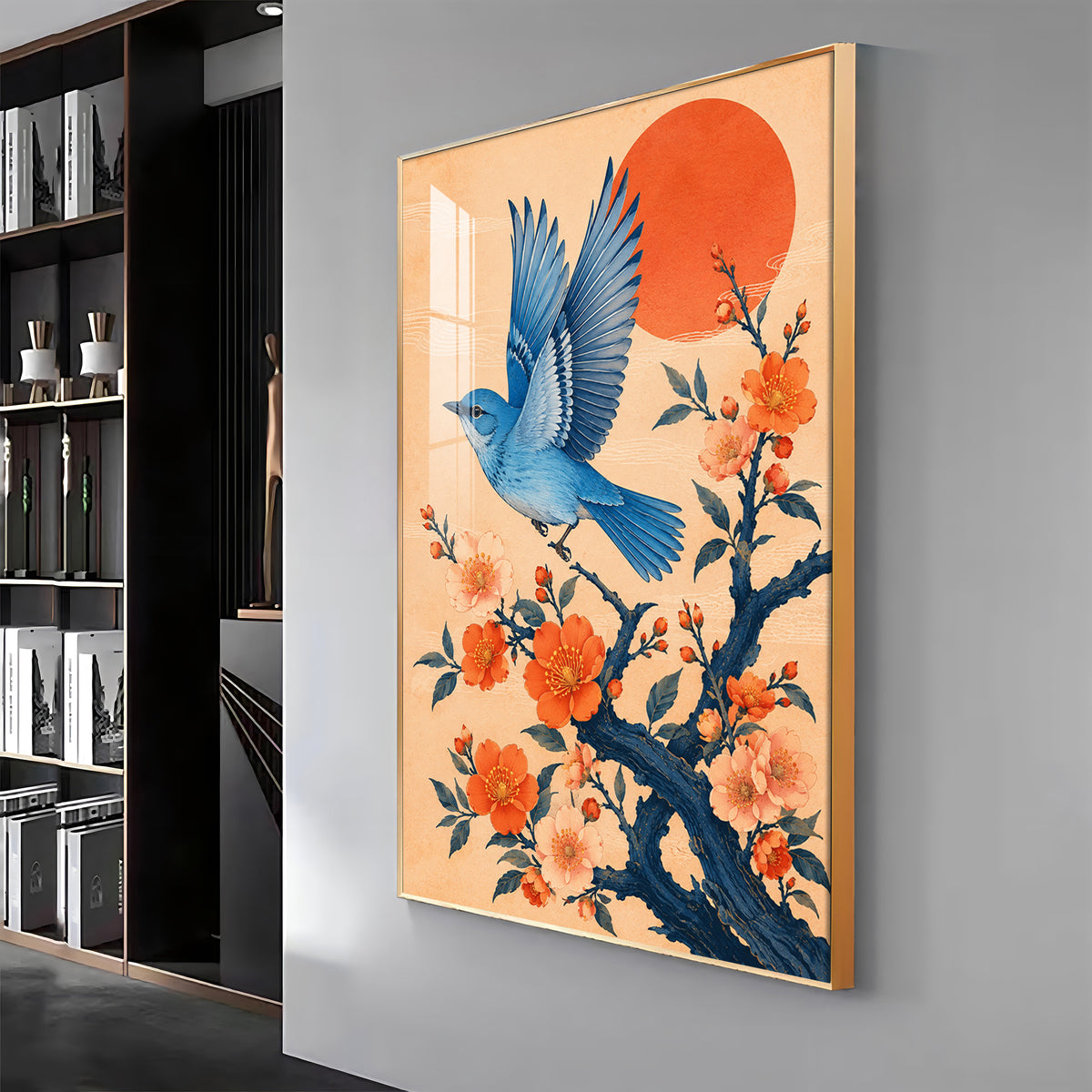 Flying Bluebird & Orange Blossoms Premium Acrylic Vertical Wall Art