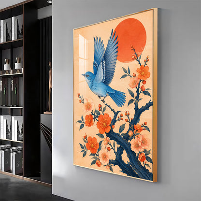 Flying Bluebird & Orange Blossoms Premium Acrylic Vertical Wall Art