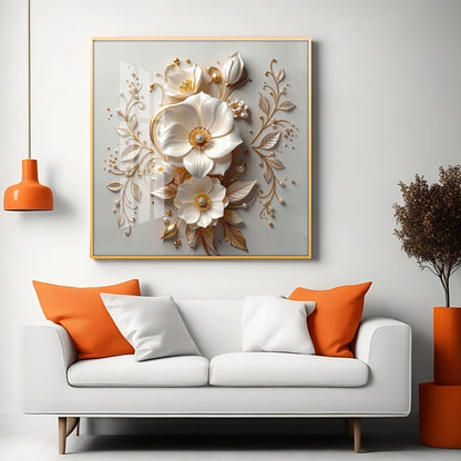 Elegant White Flowers With Gold Leaves Premium Acrylic Square Wall Art