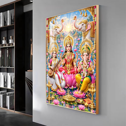 Lord Ganesh, Maa Laxmi & Maa Saraswati Premium Acrylic Vertical Wall Art