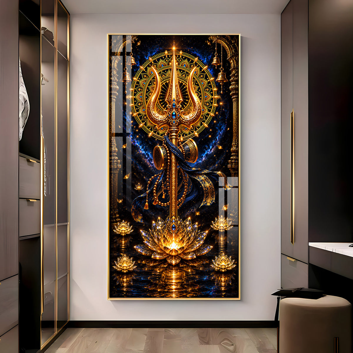Divine Golden Trishul Premium Acrylic Vertical Wall Art