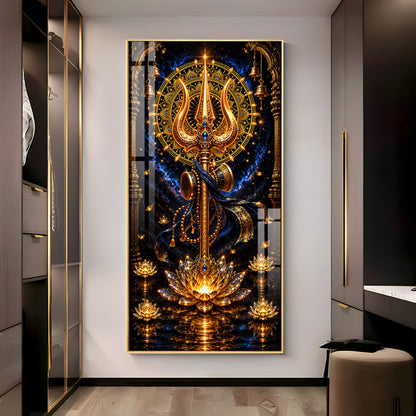 Divine Golden Trishul Premium Acrylic Vertical Wall Art