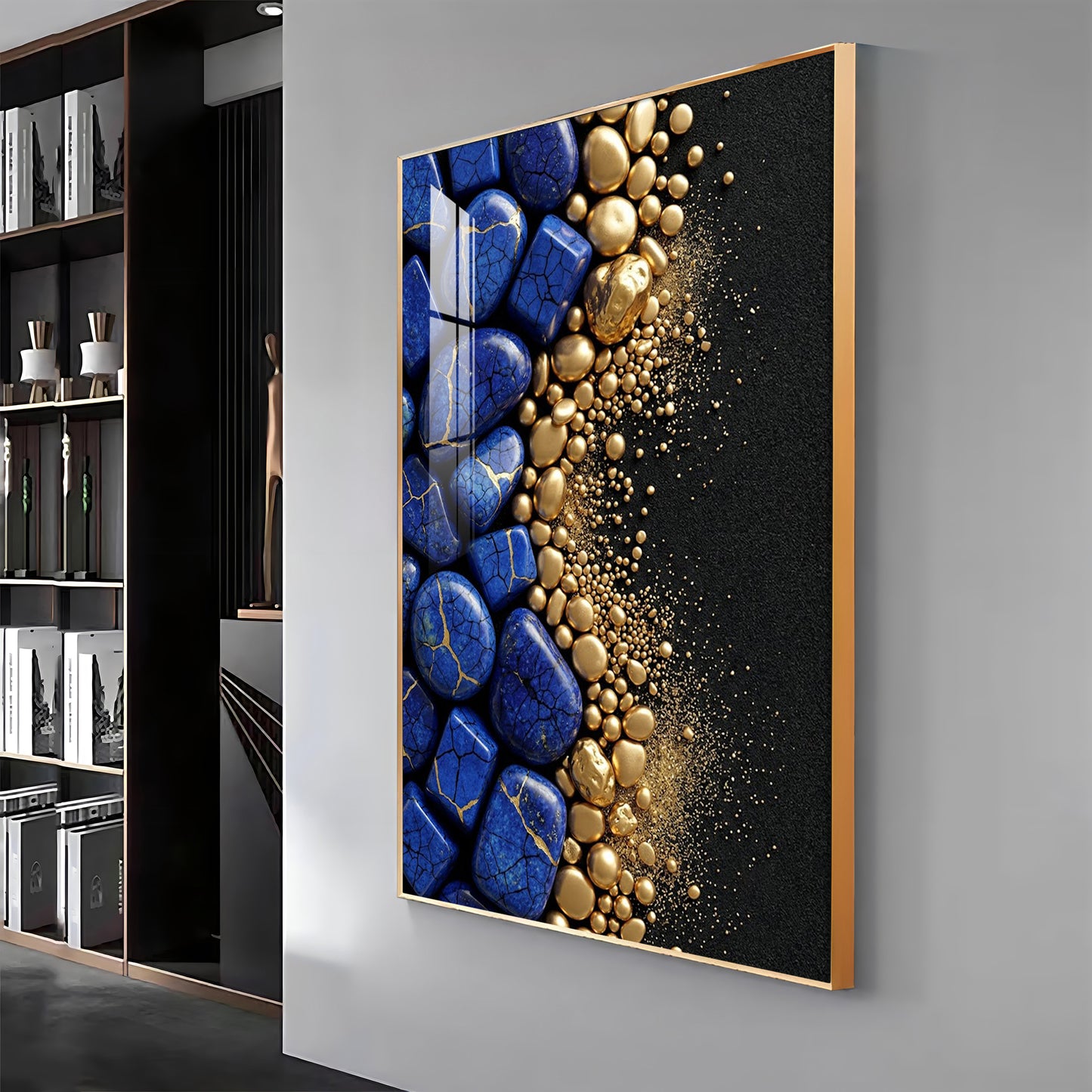Royal Blue Stones & Gold Pebble Premium Acrylic Vertical Wall Art